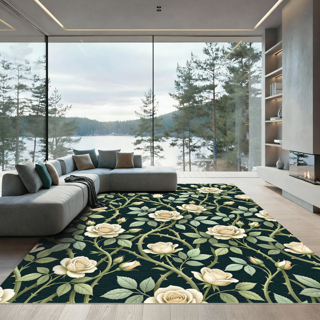 Elegant Cream Rose Vine Floral Rug