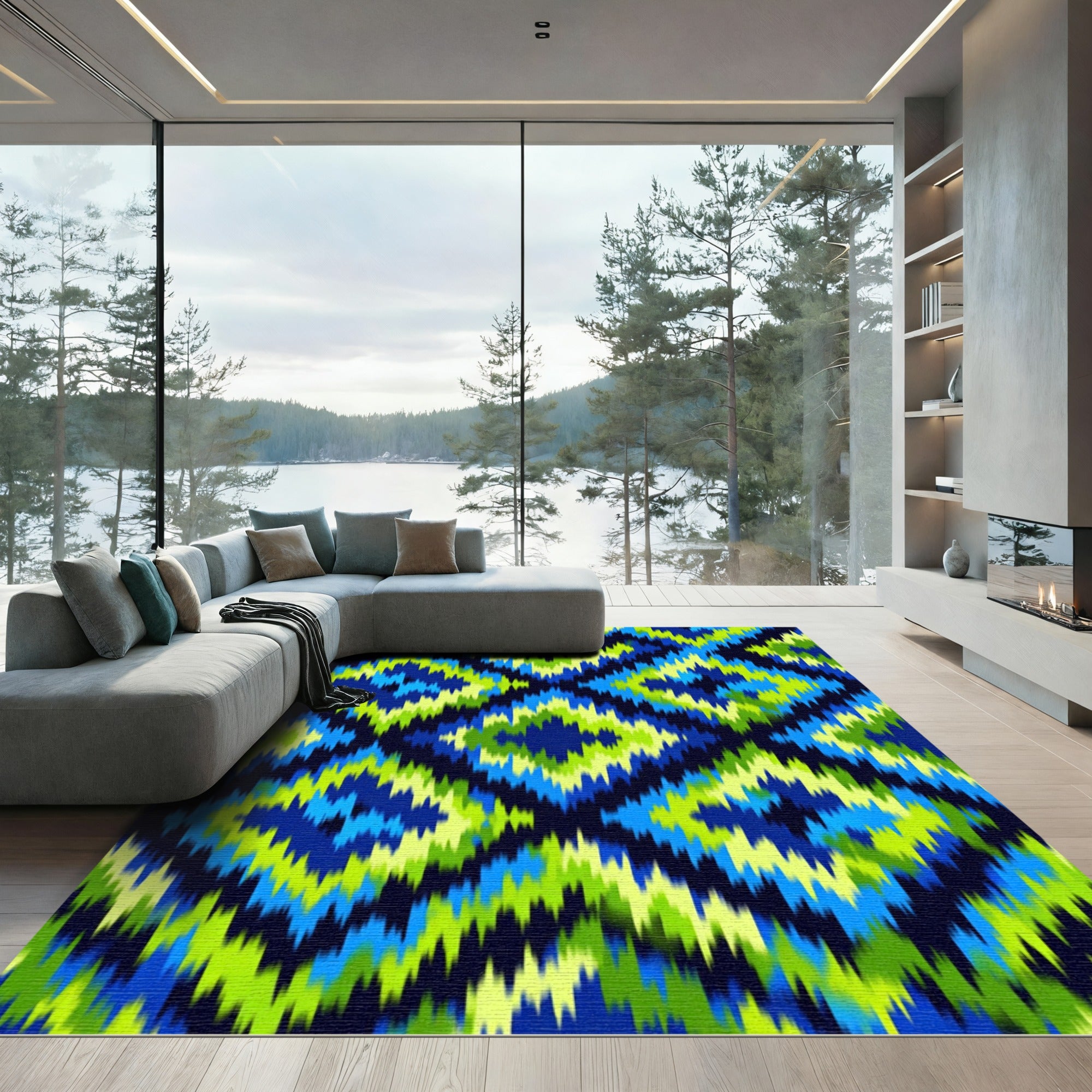Electric Lime Blue Chevron Diamond Rug
