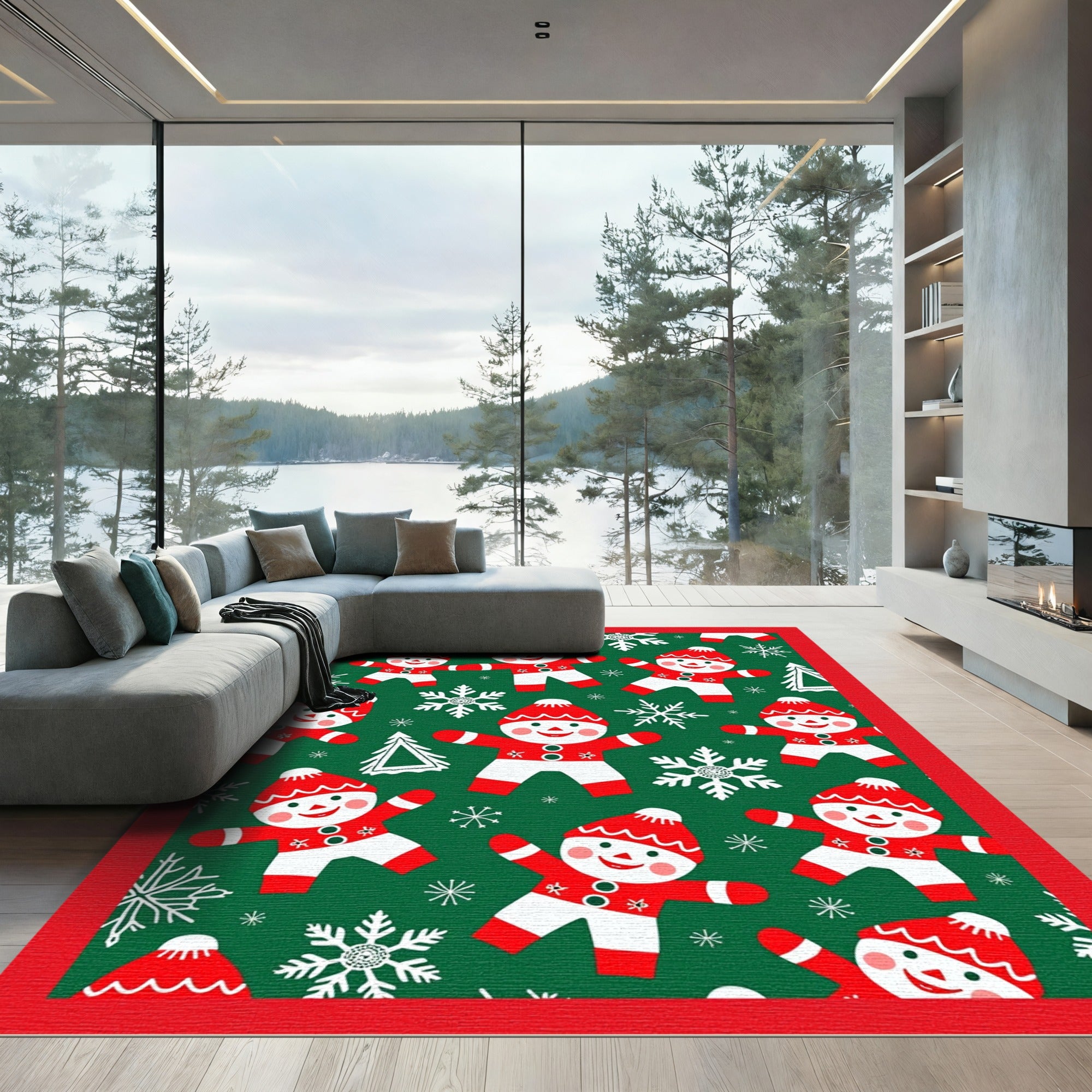 Red White Gingerbread Snowflakes Christmas Rug