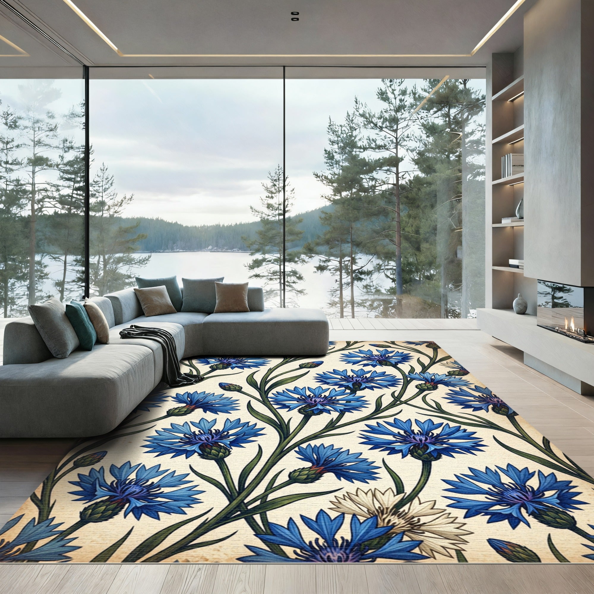 Vibrant Blue Cornflower Garden Pattern Rug