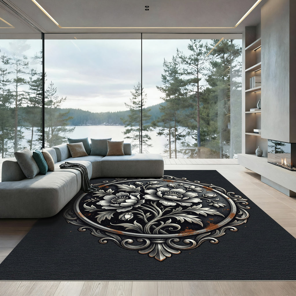 Metallic Silver Floral Embellished Round Medallion Rug