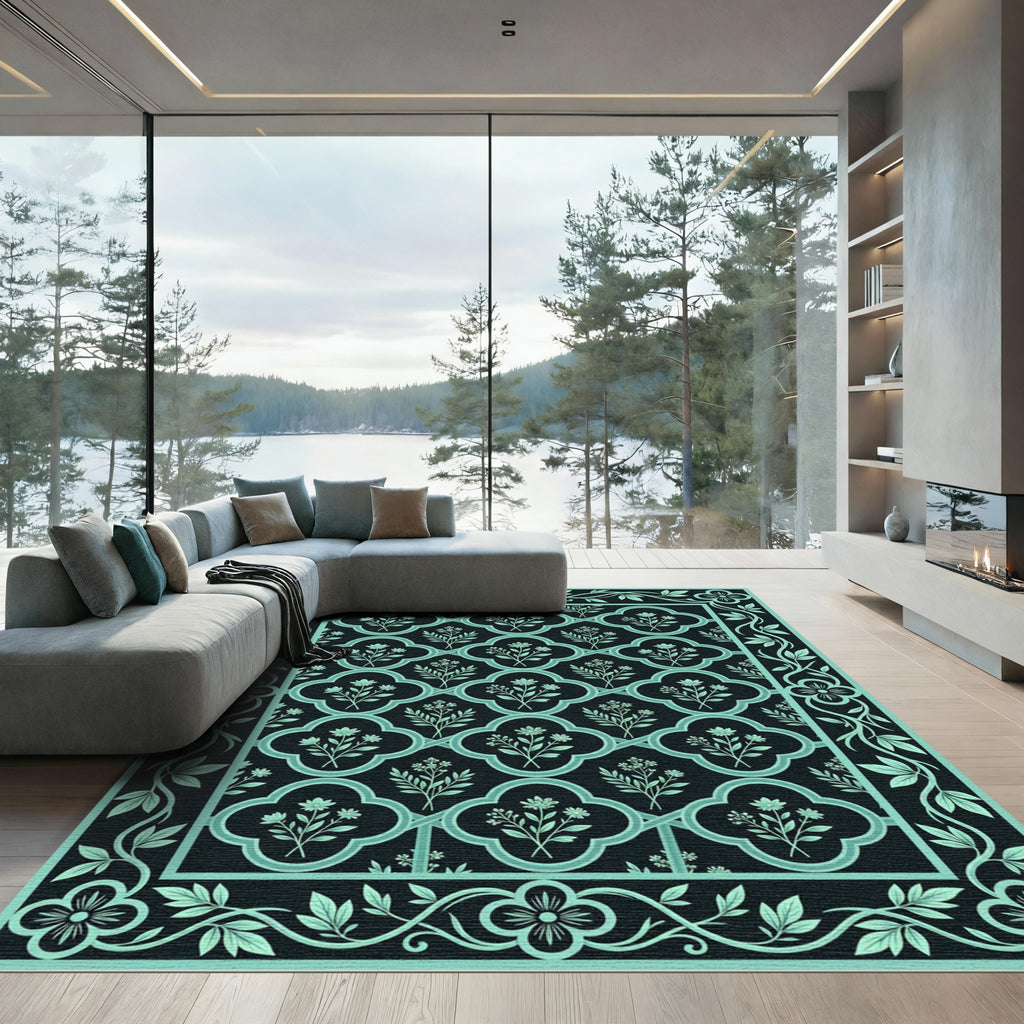Dark Teal Floral Lattice Border Rug