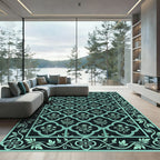 Dark Teal Floral Lattice Border Rug