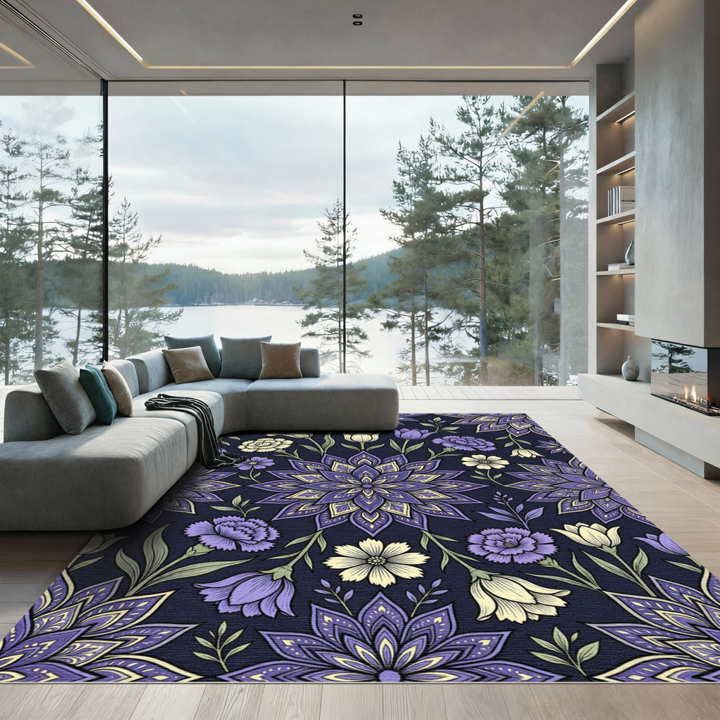 Deep Purple Floral Damask Medallion Rug