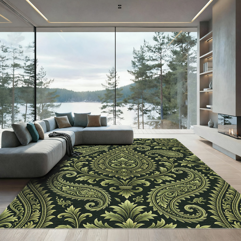 Ornate Gold Paisley Scrollwork Rug