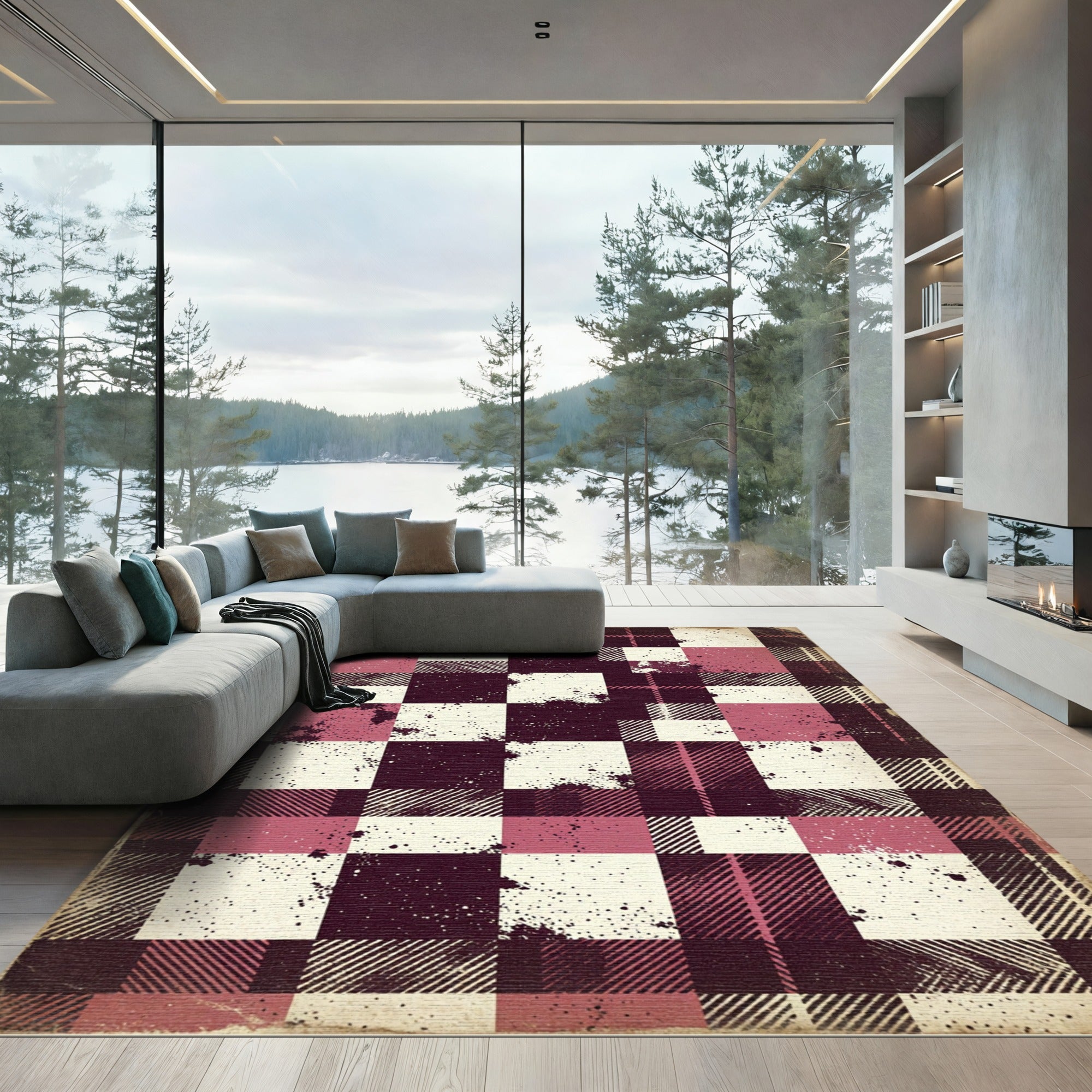 Rustic Pink Black Plaid Checks Rug