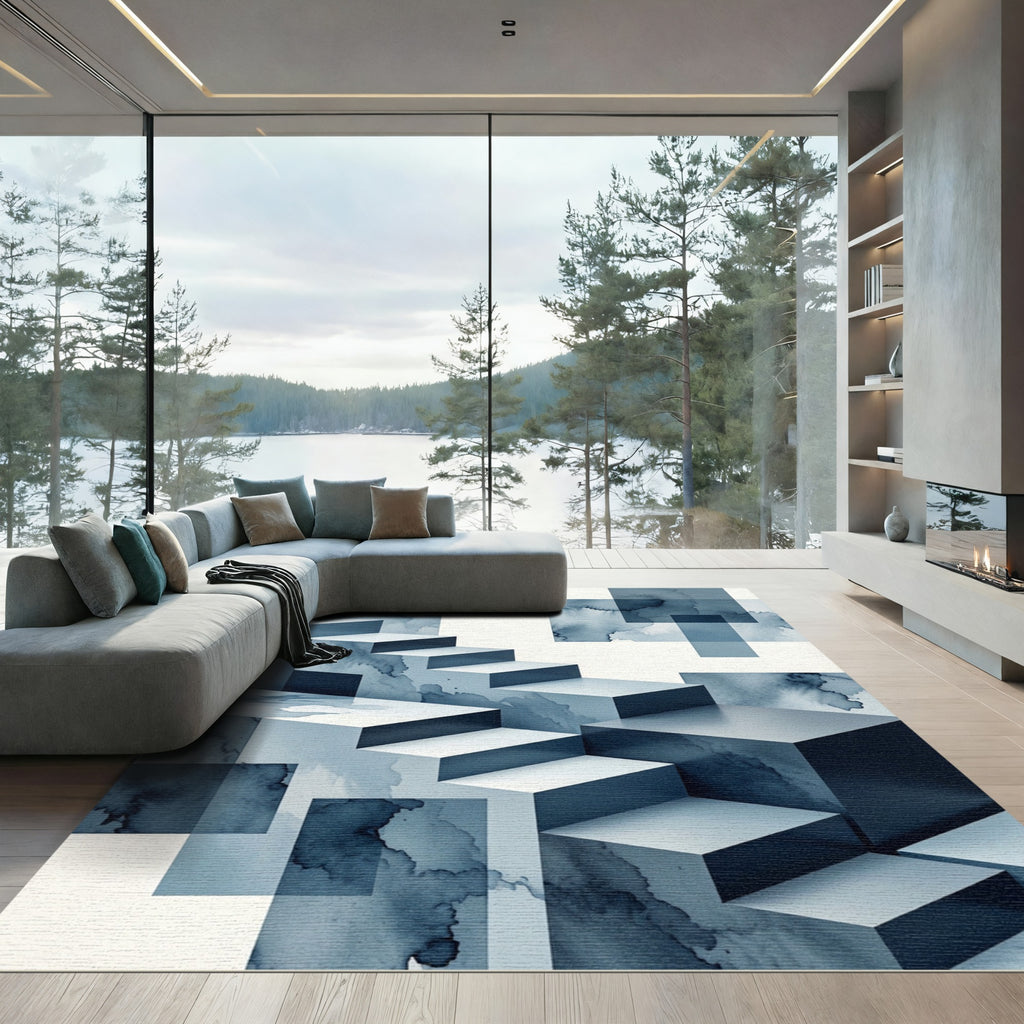 Indigo Abstract Geometric Staircase Composition Rug