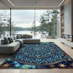 Deep Blue Golden Mandala Floral Rug