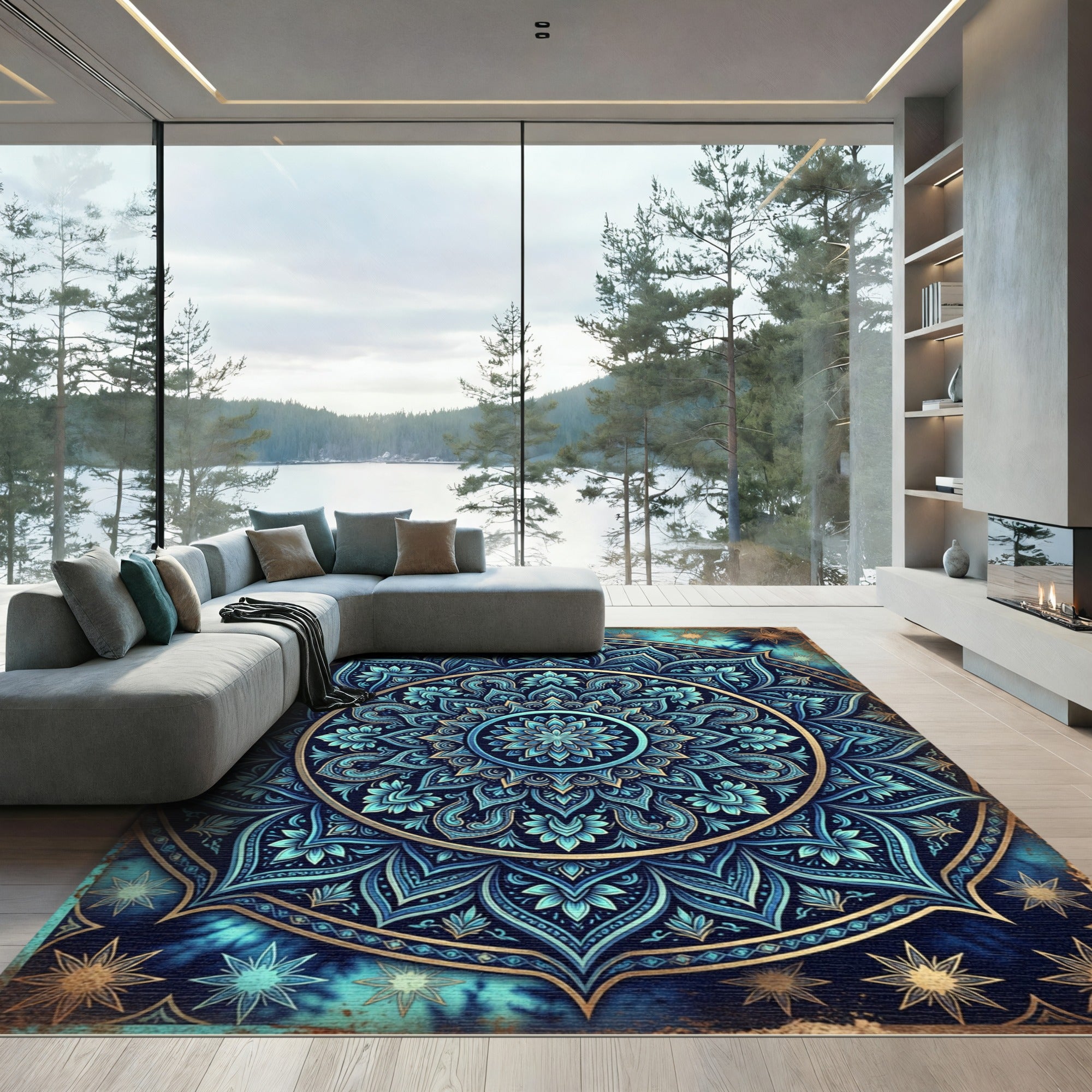 Deep Blue Golden Mandala Floral Rug