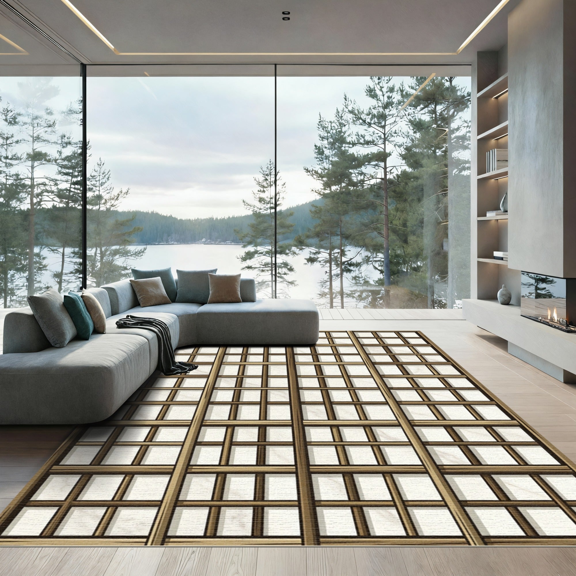 Natural Wood Lattice Marble Panels Rug