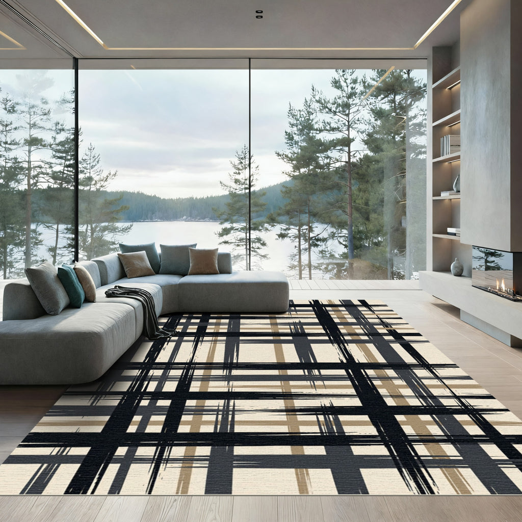 Brushstroke Plaid Black Gray Tan Rug
