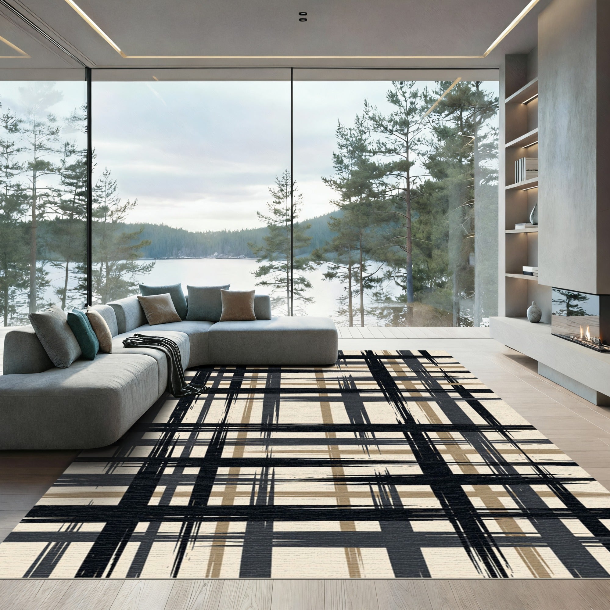 Brushstroke Plaid Black Gray Tan Rug
