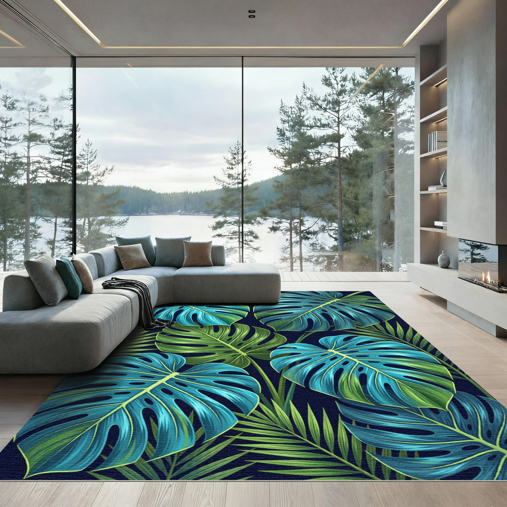 Lush Teal Green Tropical Monstera Foliage Rug