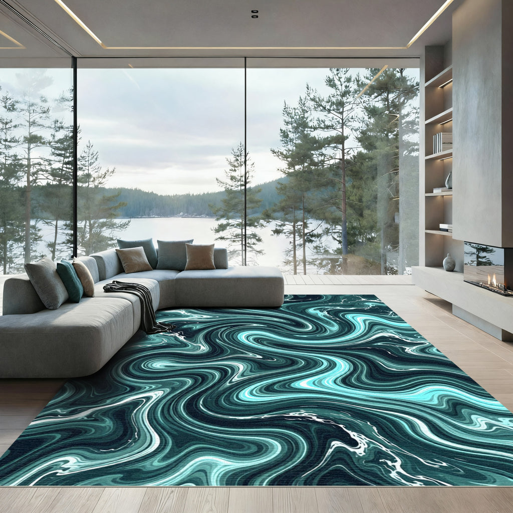 Abstract Teal Marbled Fluid Wave Rug