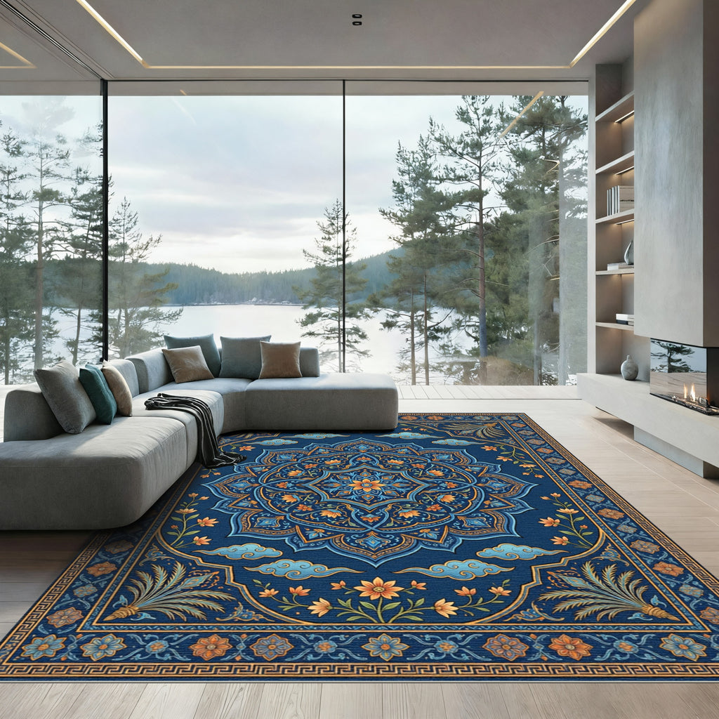 Midnight Blue Golden Floral Medallion Rug
