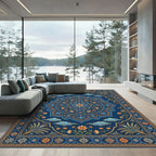 Midnight Blue Golden Floral Medallion Rug