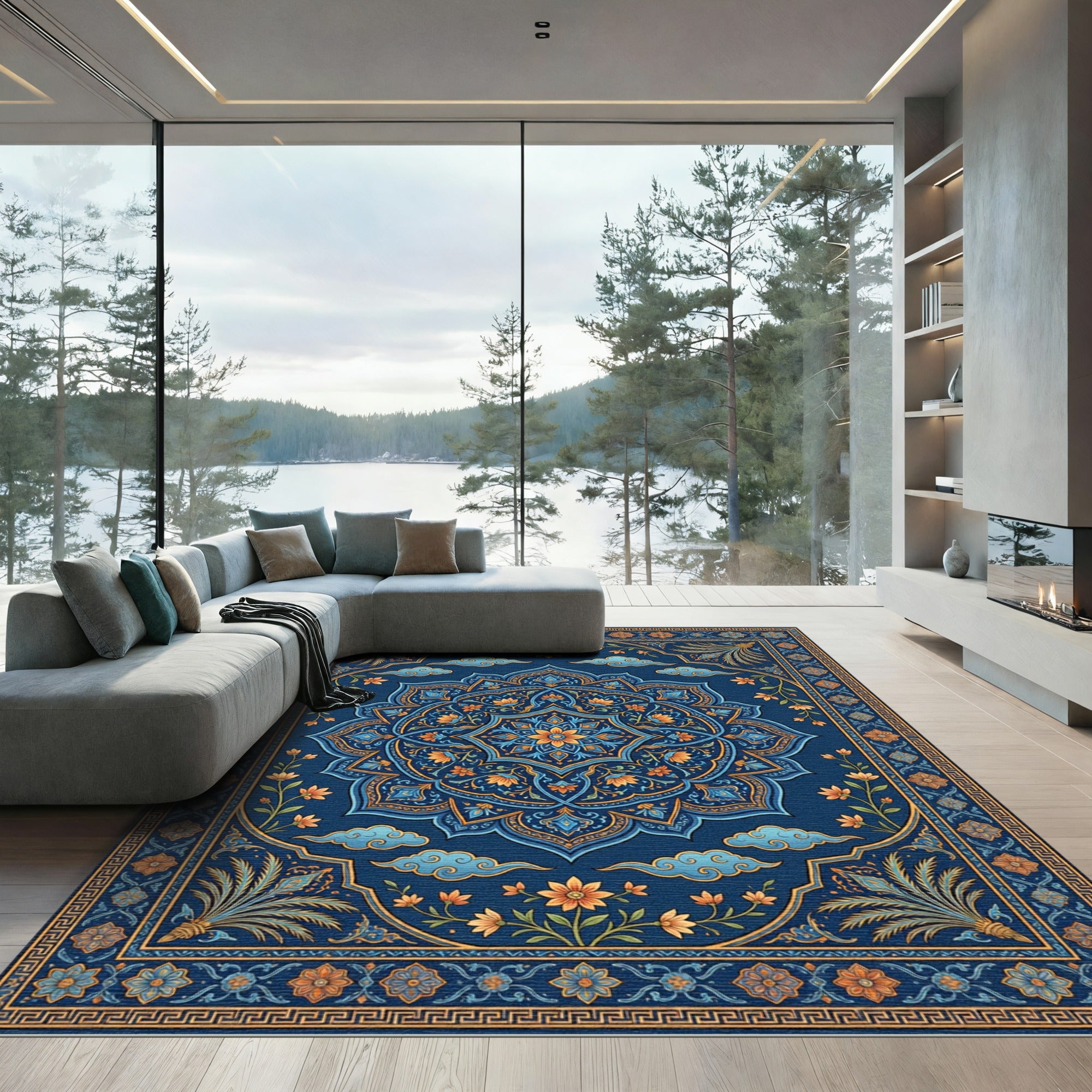 Midnight Blue Golden Floral Medallion Rug