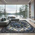 Elegant Blue Rose Floral Medallion Rug