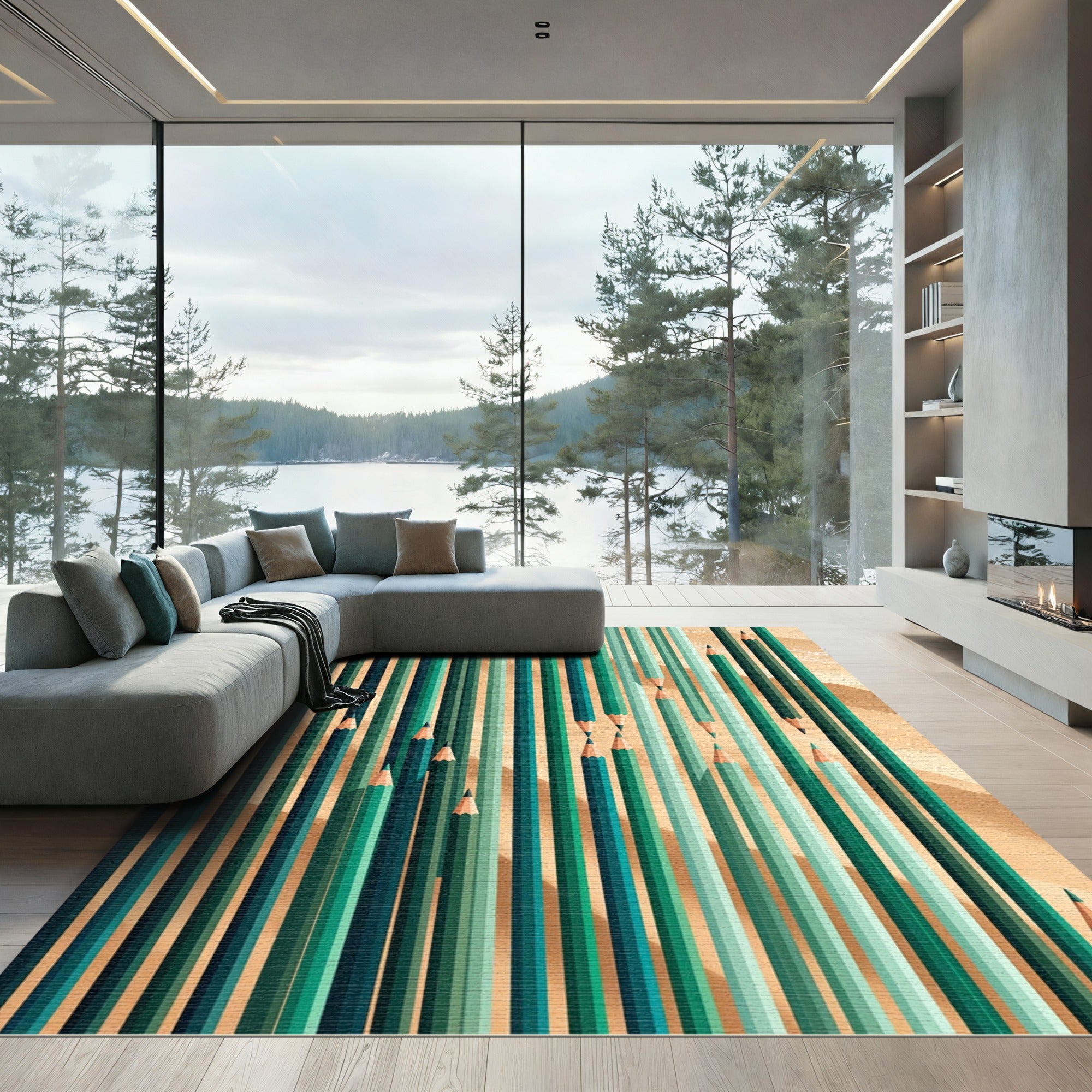 Modern Forest Green Abstract Pencil Stripe Rug