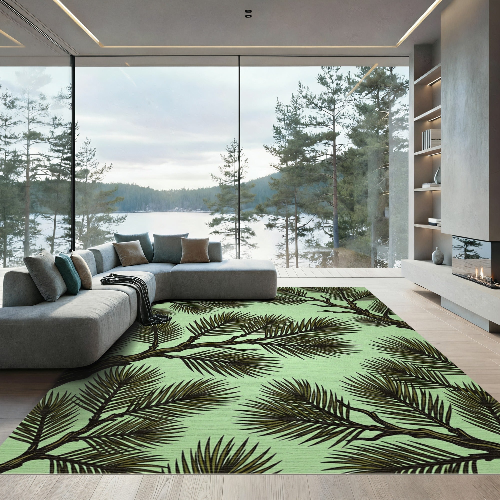 Olive Green Pine Branch Foliage Rug