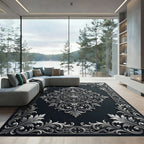 Ornate Silver Damask Charcoal Medallion Rug