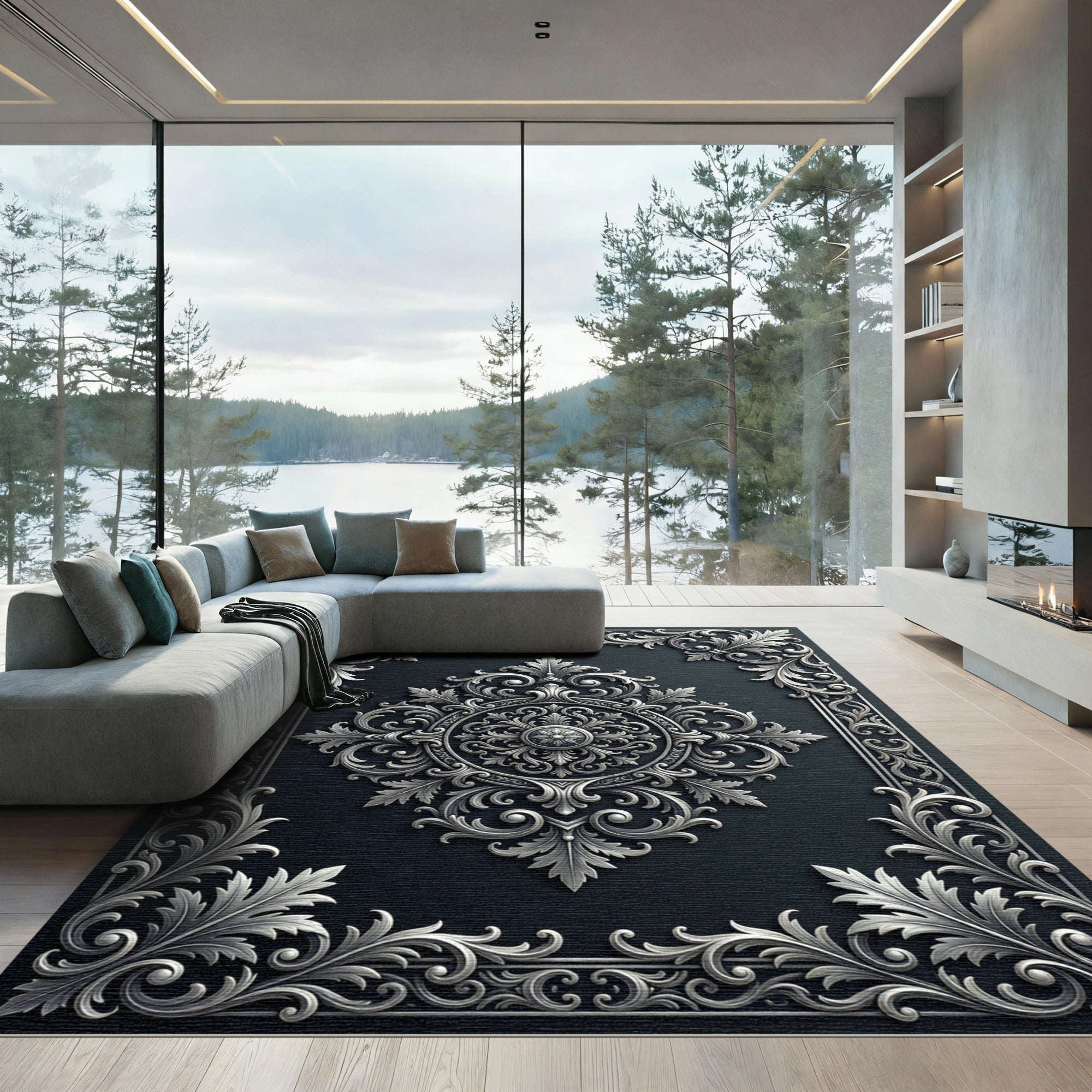 Ornate Silver Damask Charcoal Medallion Rug