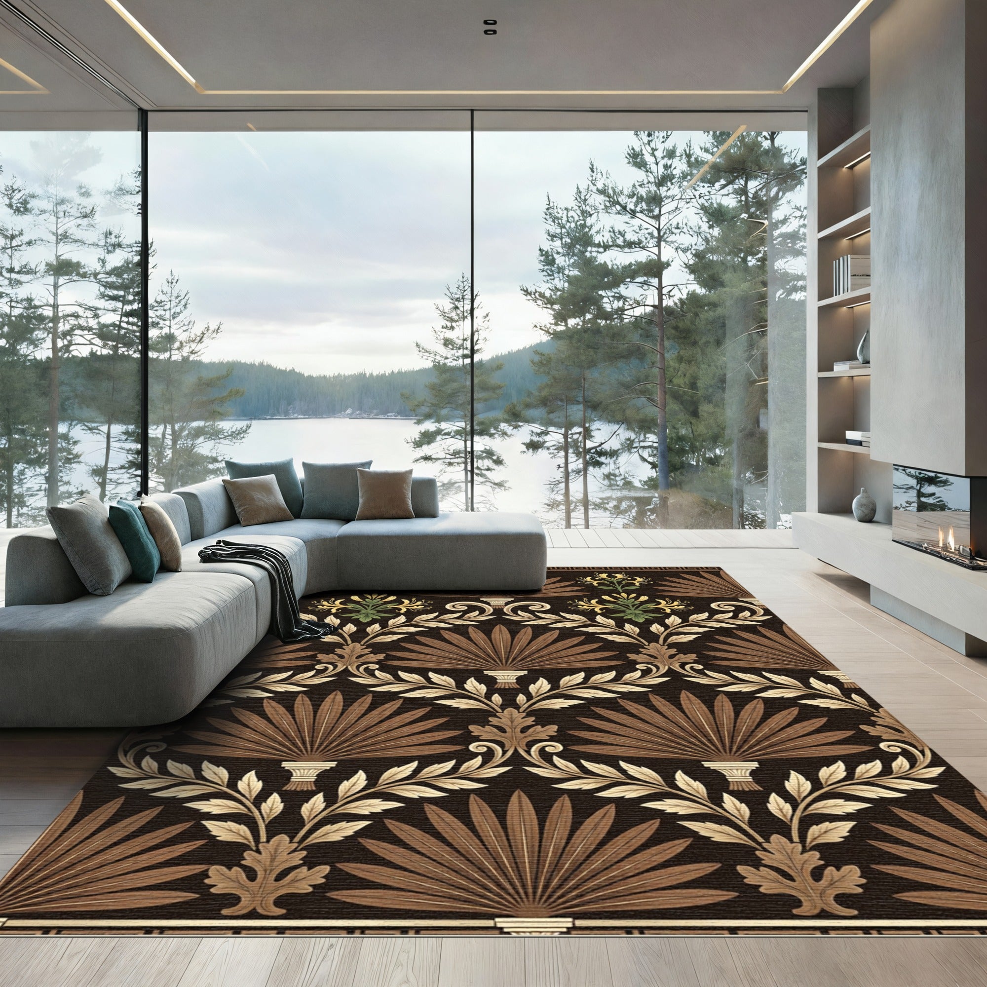 Brown and Gold Palmate Floral Border Rug