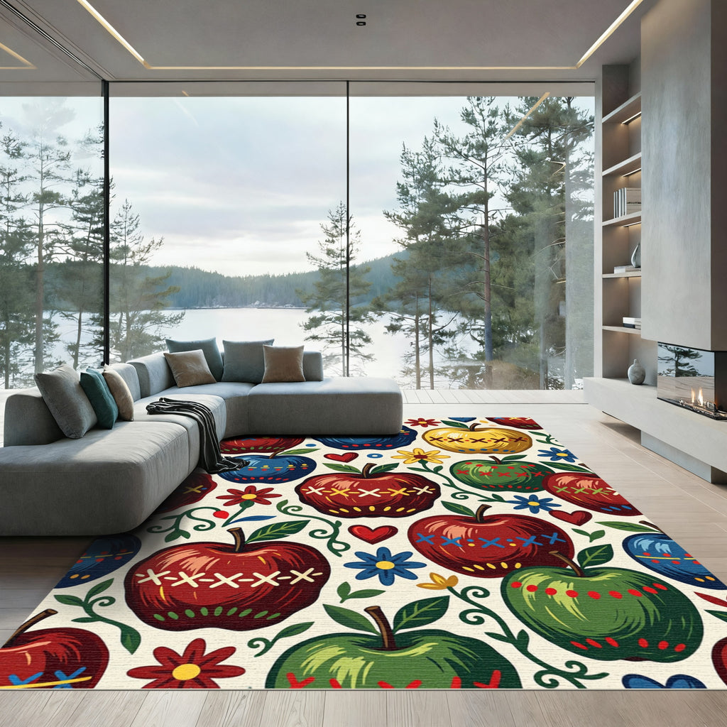 Folk Art Apple and Floral Illustration Rug