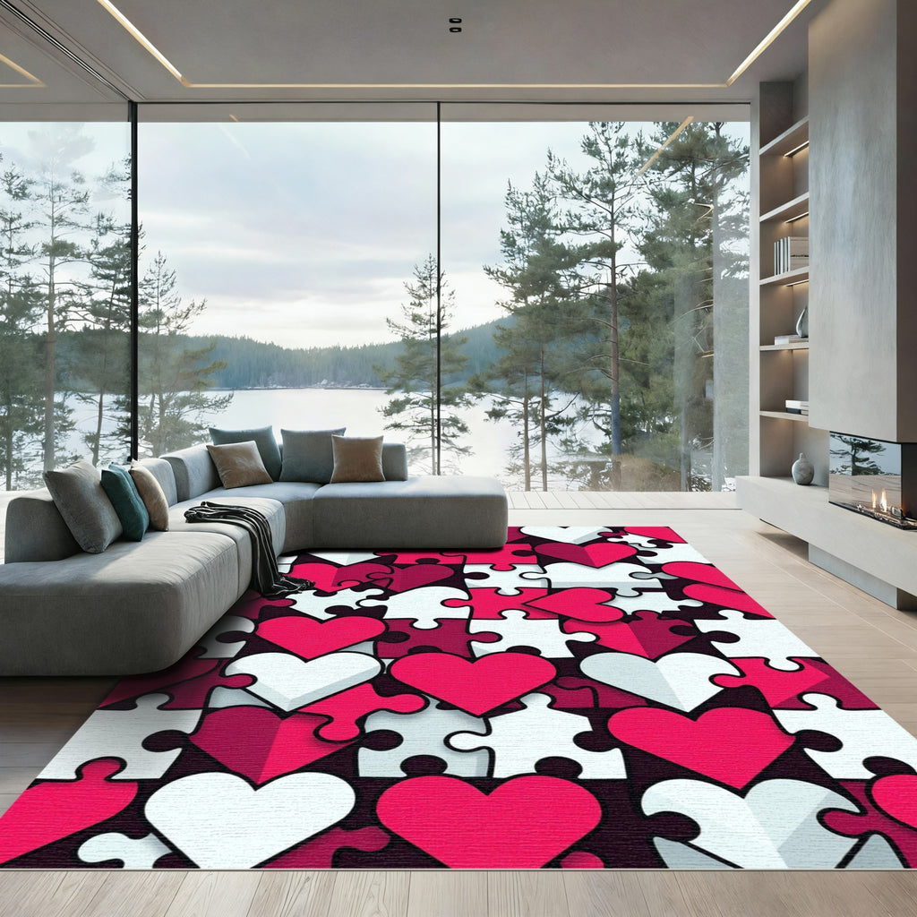 Pink White Heart Puzzle Collage Rug