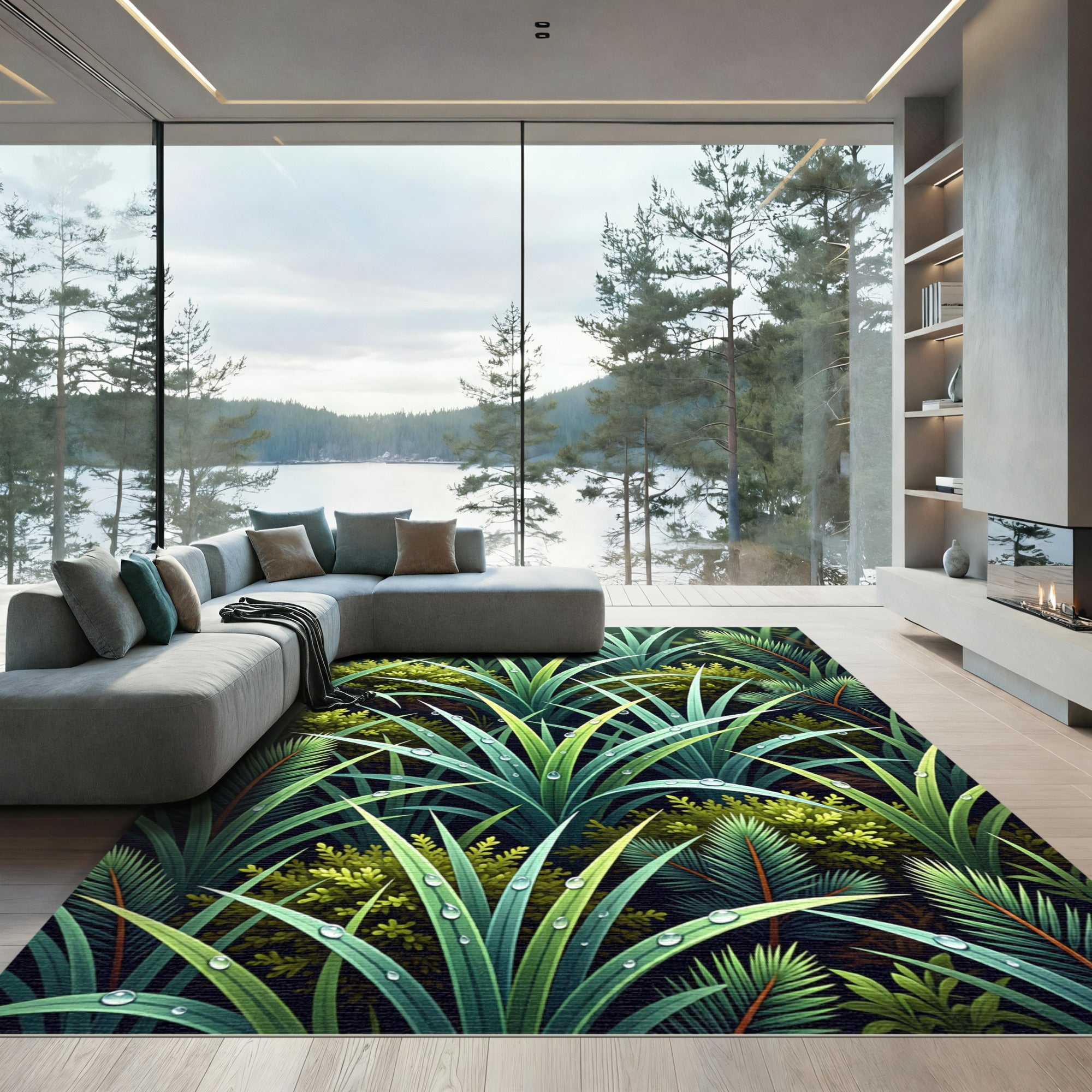 Dewy Forest Grass and Fern Foliage Rug