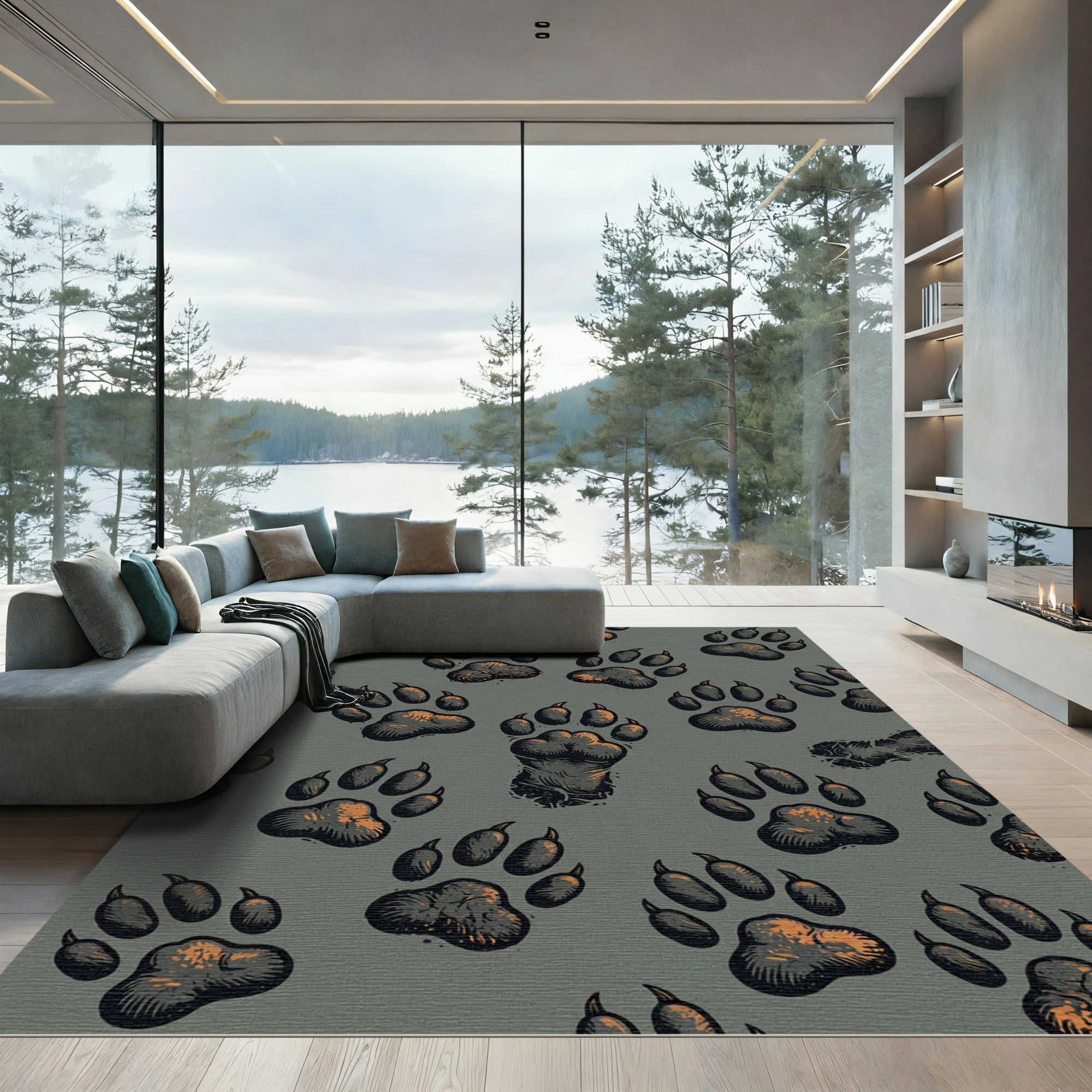 Rustic Charcoal Bear Paw Footprint Rug