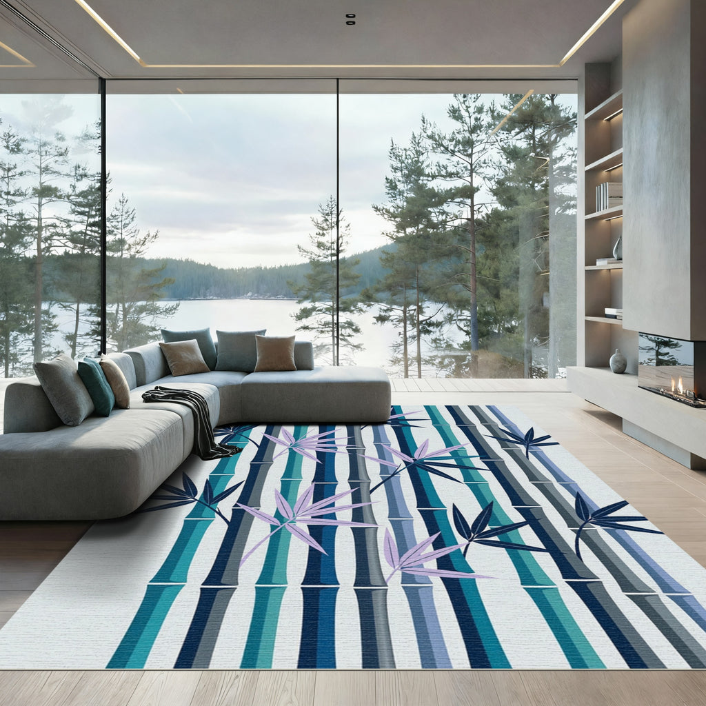 Cool Blue Bamboo Leaves Rug