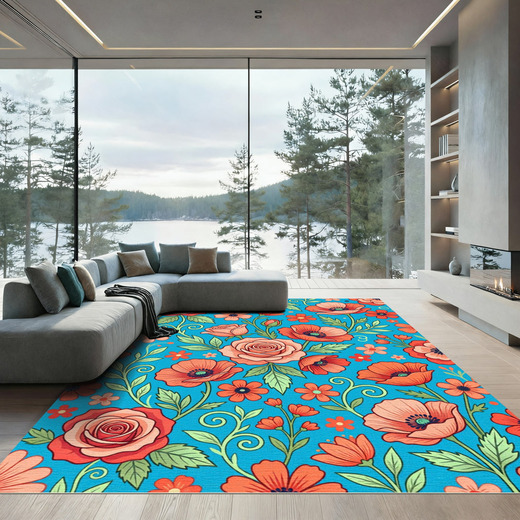 Orange Rose Poppy Floral Meadow Rug