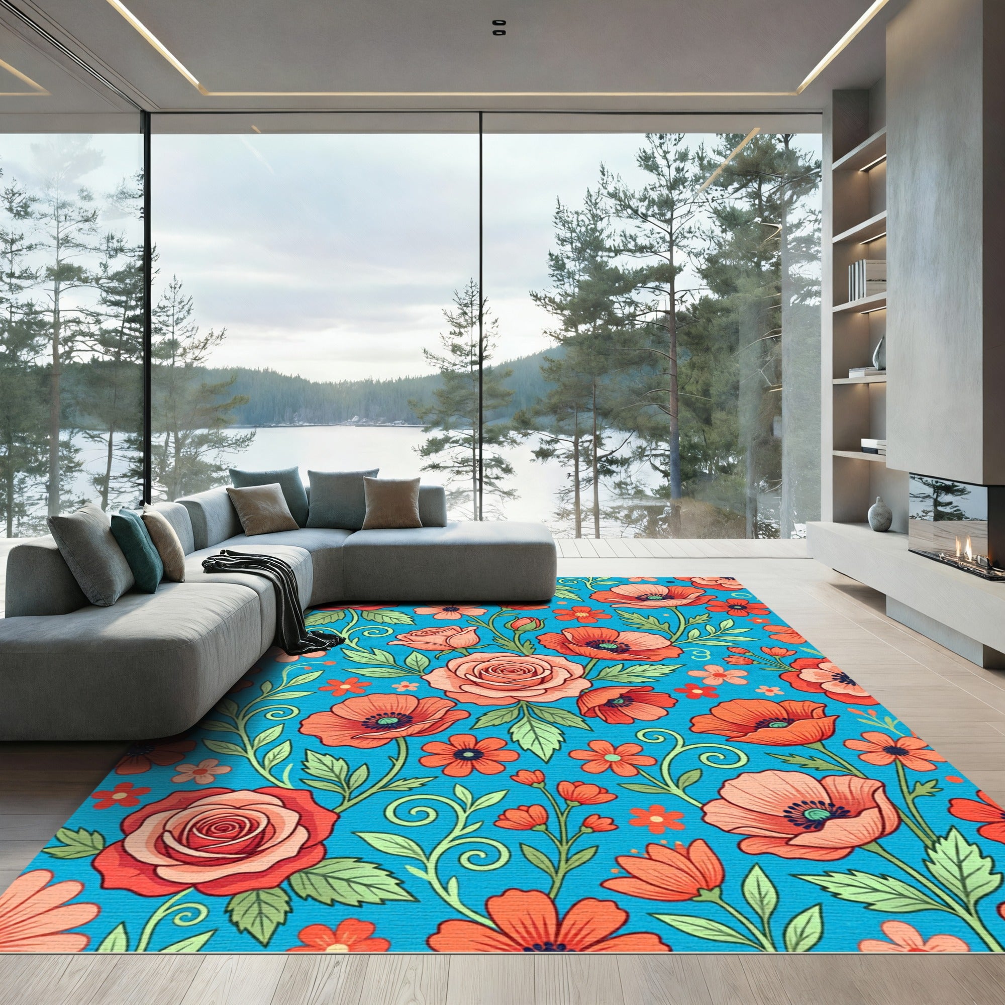 Orange Rose Poppy Floral Meadow Rug