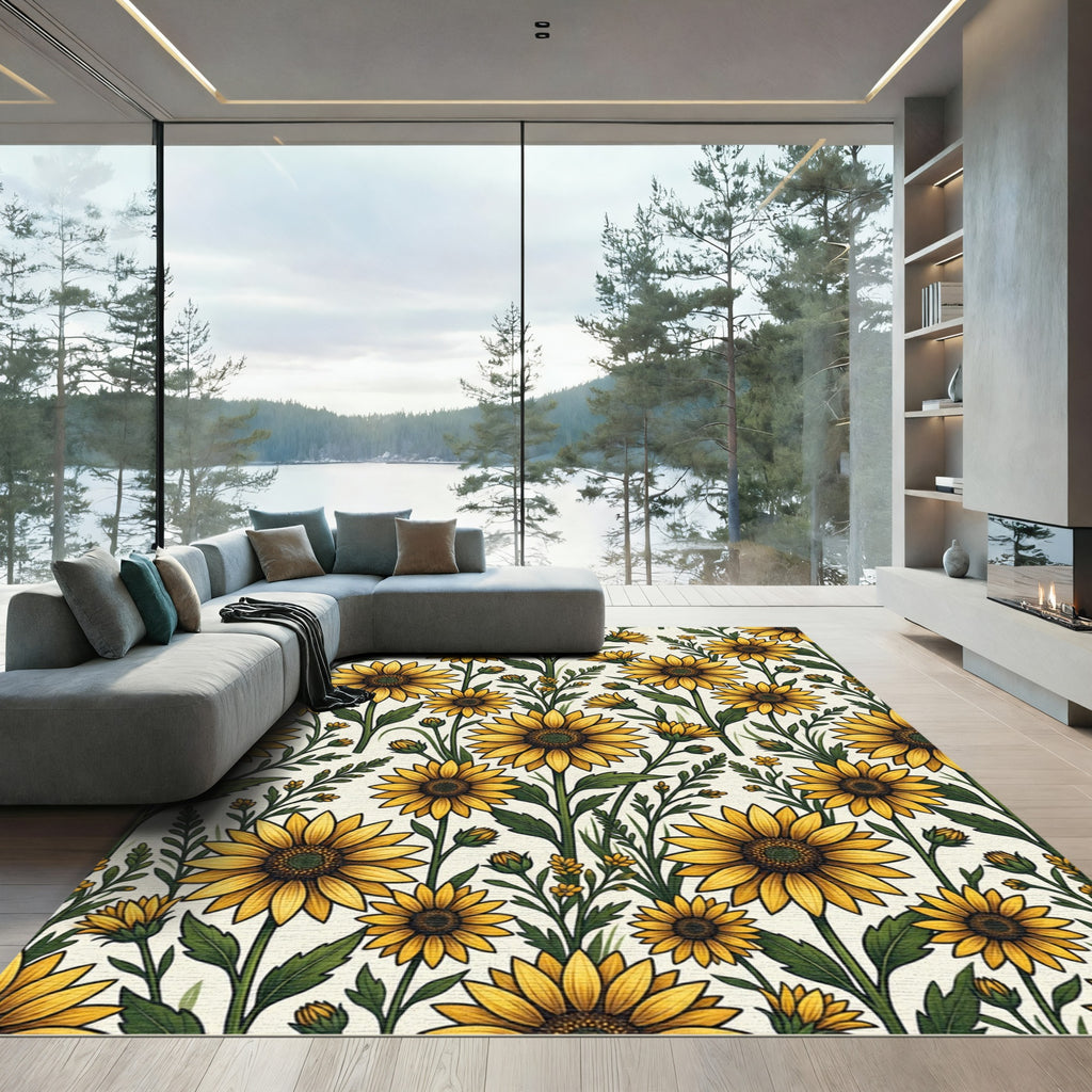 Radiant Yellow Sunflower Botanical Illustration Rug