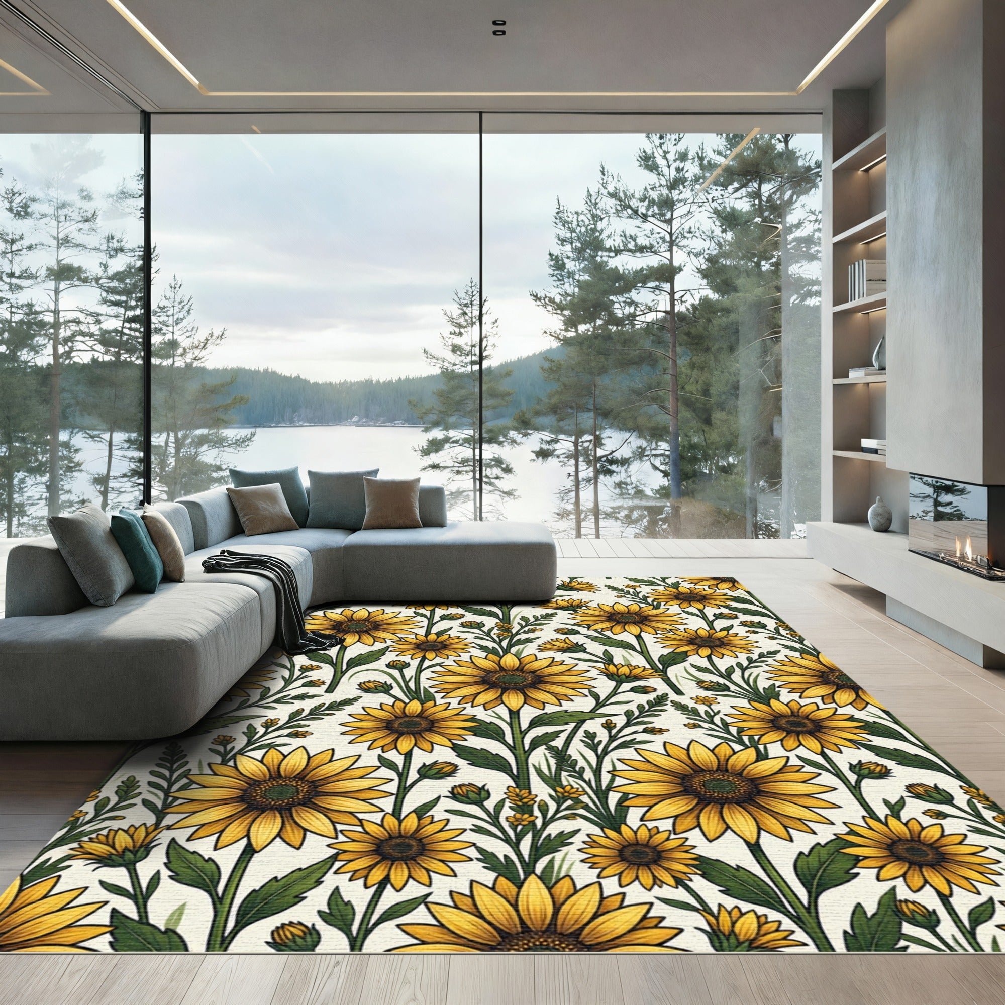 Radiant Yellow Sunflower Botanical Illustration Rug