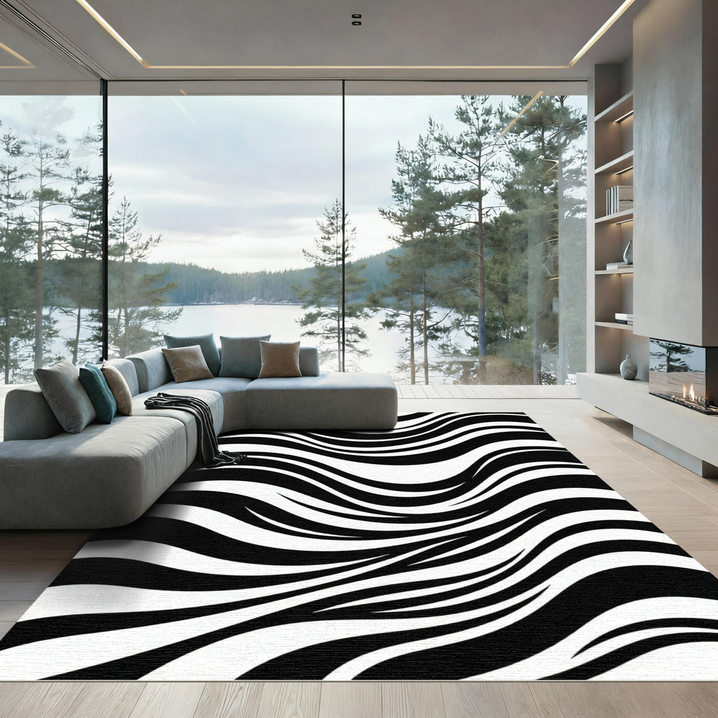 Bold Black White Flowing Curves Rug