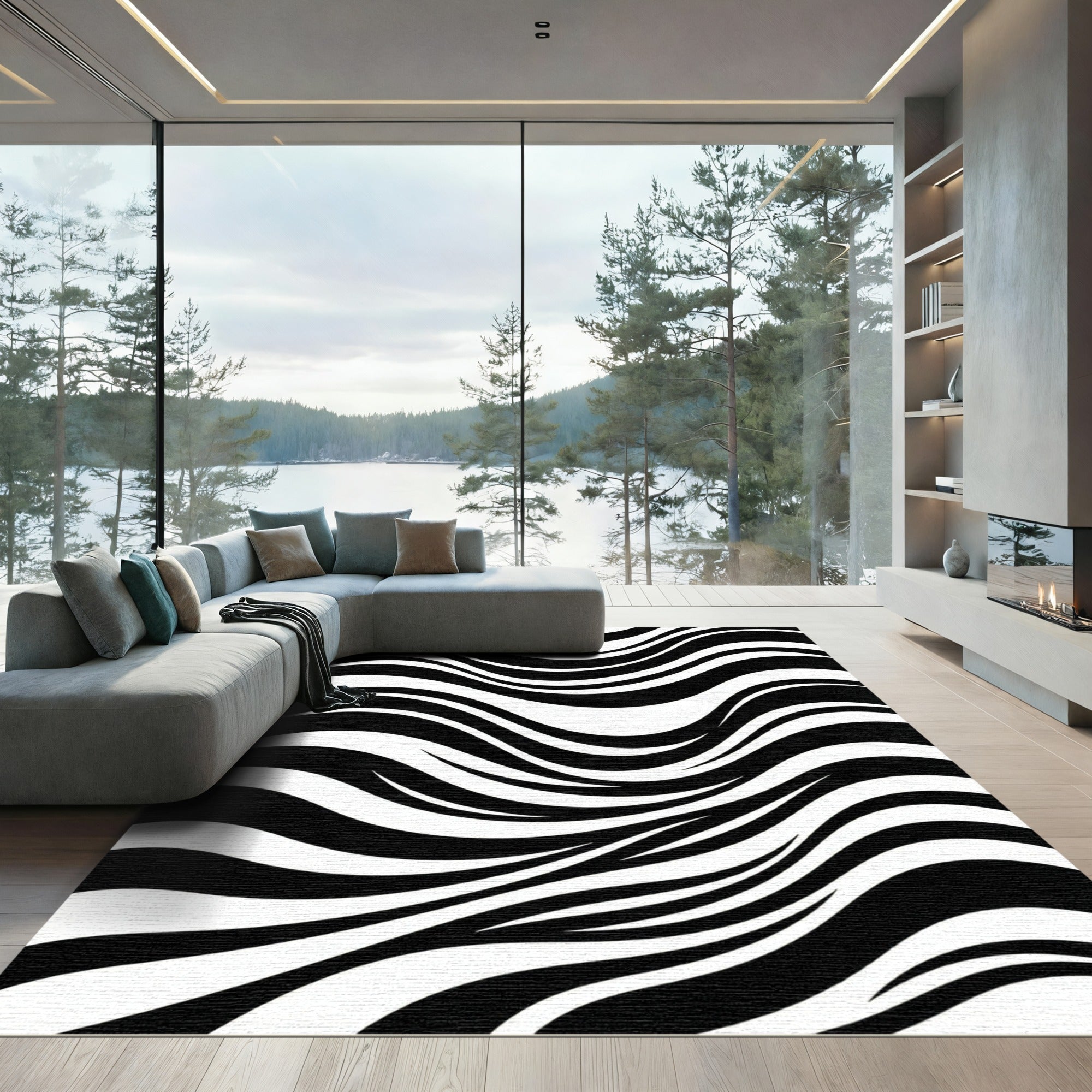 Bold Black White Flowing Curves Rug