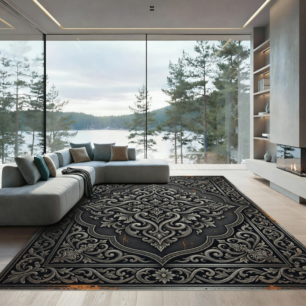 Ornate Charcoal Monochromatic Floral Filigree Rug