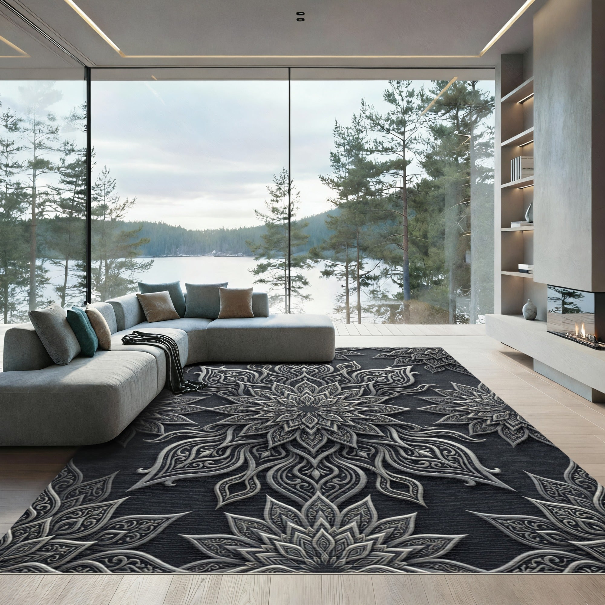 Elegant Silver Floral Filigree Medallion Rug