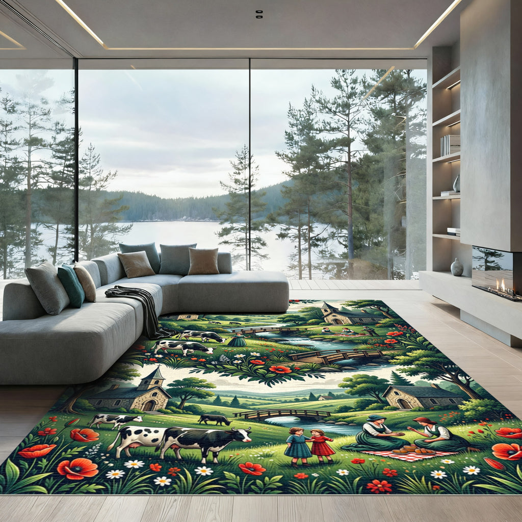 Pastoral Red Poppy Meadow Scene Rug