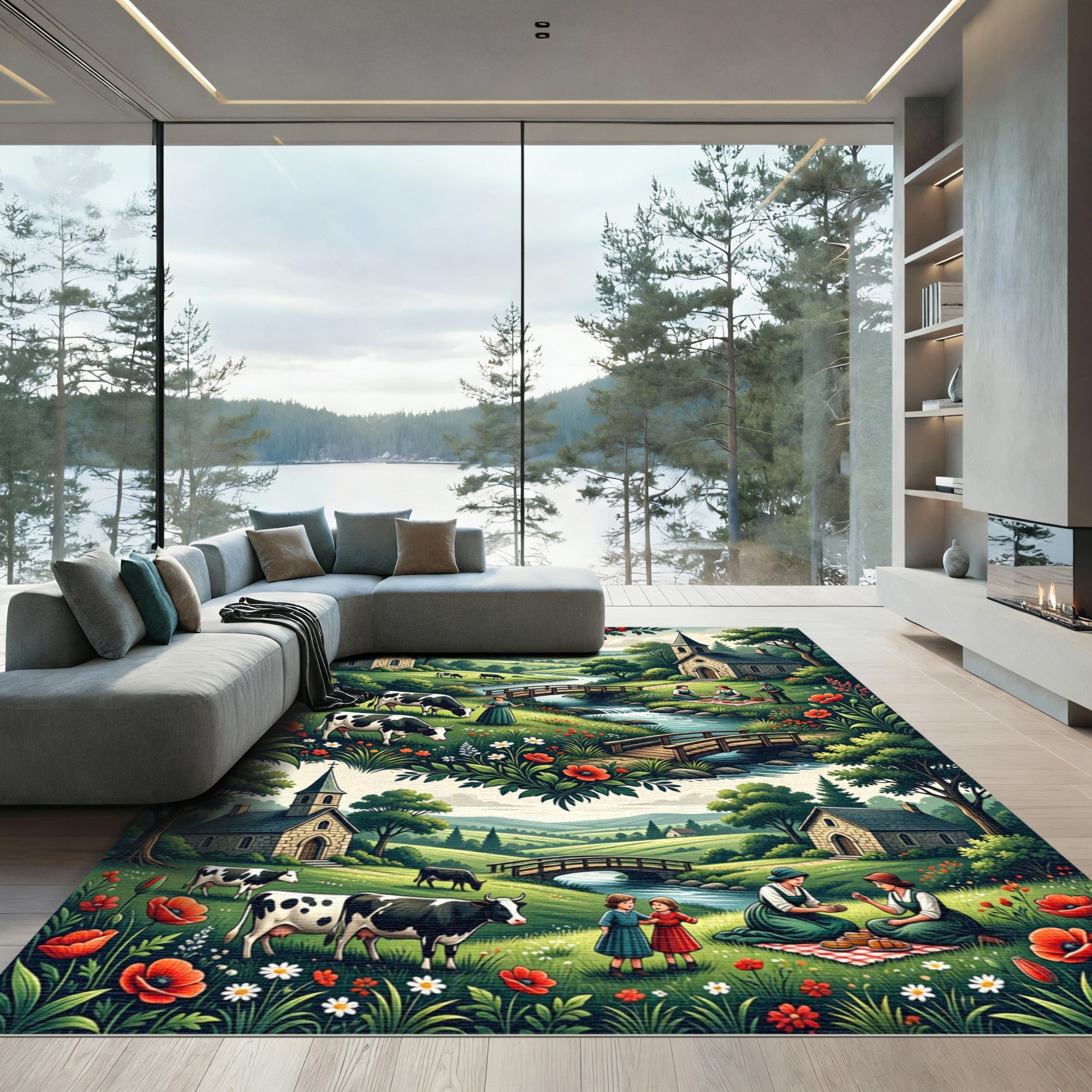 Pastoral Red Poppy Meadow Scene Rug