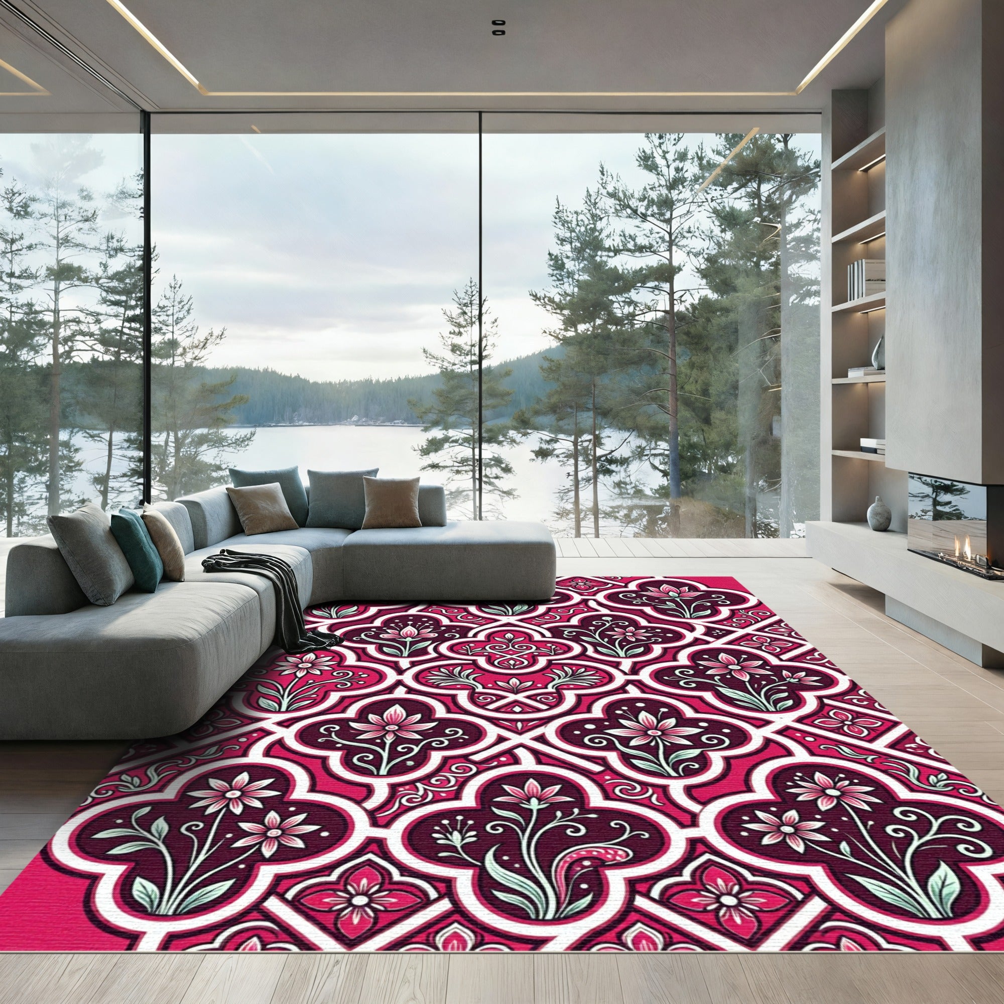 Deep Magenta Floral Quatrefoil Art Rug
