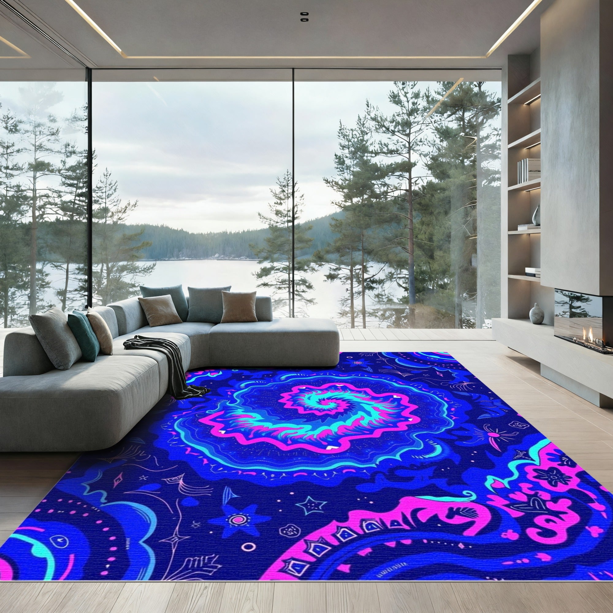 Vibrant Cyan Pink Swirls Abstract Rug