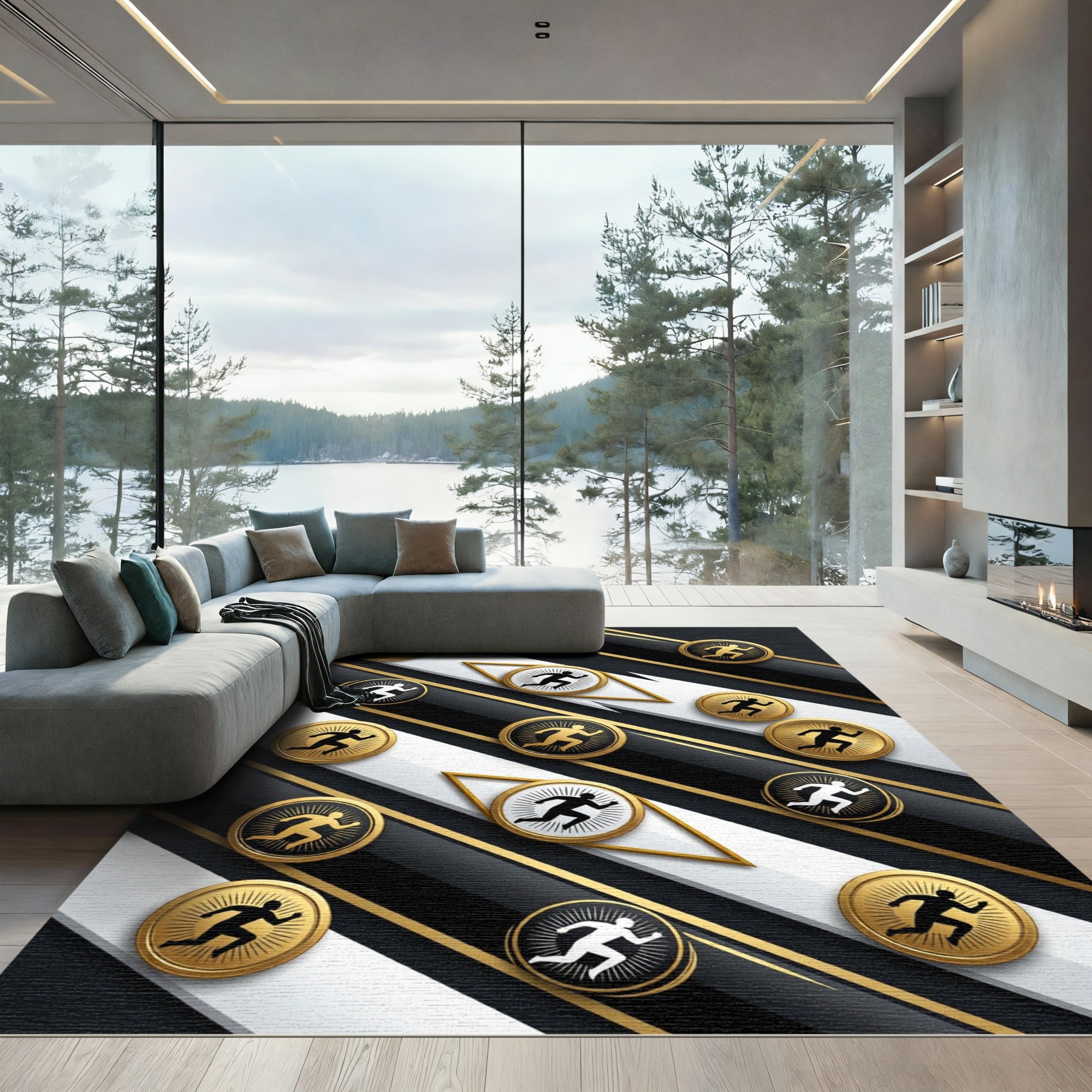 Golden Monochromatic Kinetic Runner Abstract Composition Rug