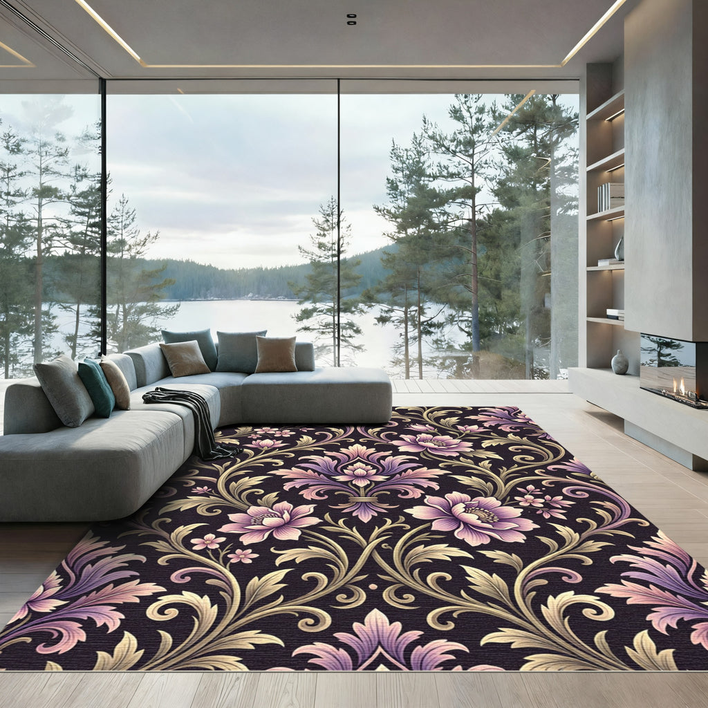 Ornate Lilac Floral Vine Scroll Rug