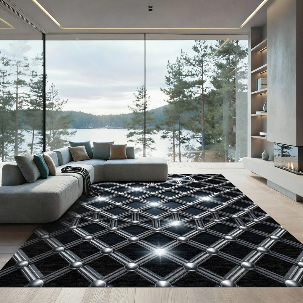 Metallic Silver Interlocking Grid Sculpture Rug