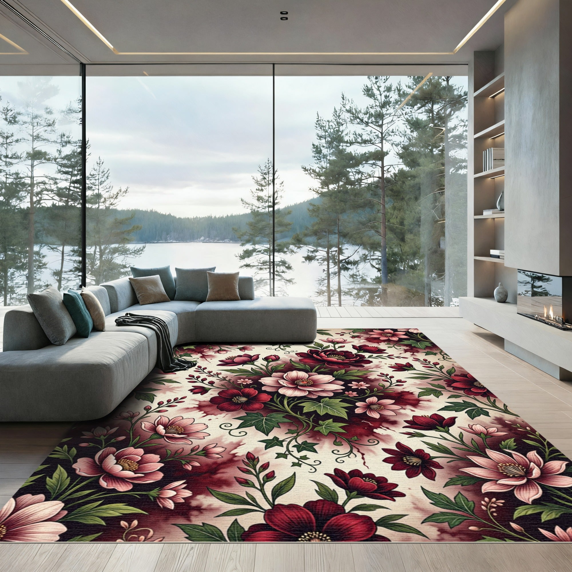 Deep Berry Floral Botanical Arrangement Rug