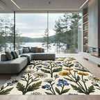 White Blue Yellow Floral Garden Arrangement Rug