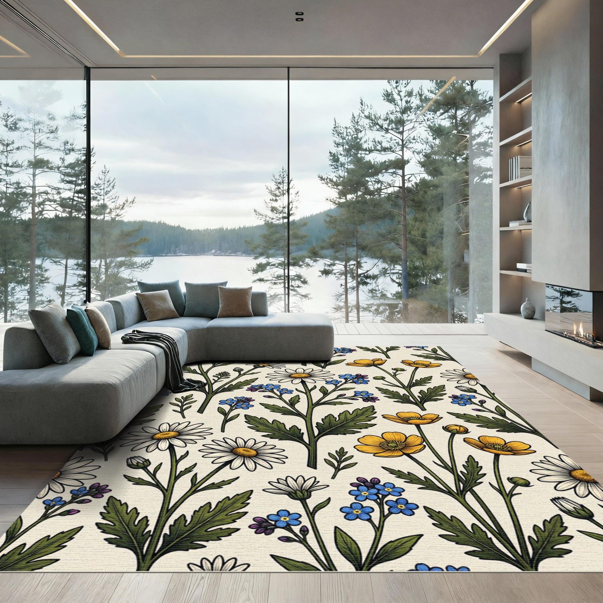 White Blue Yellow Floral Garden Arrangement Rug